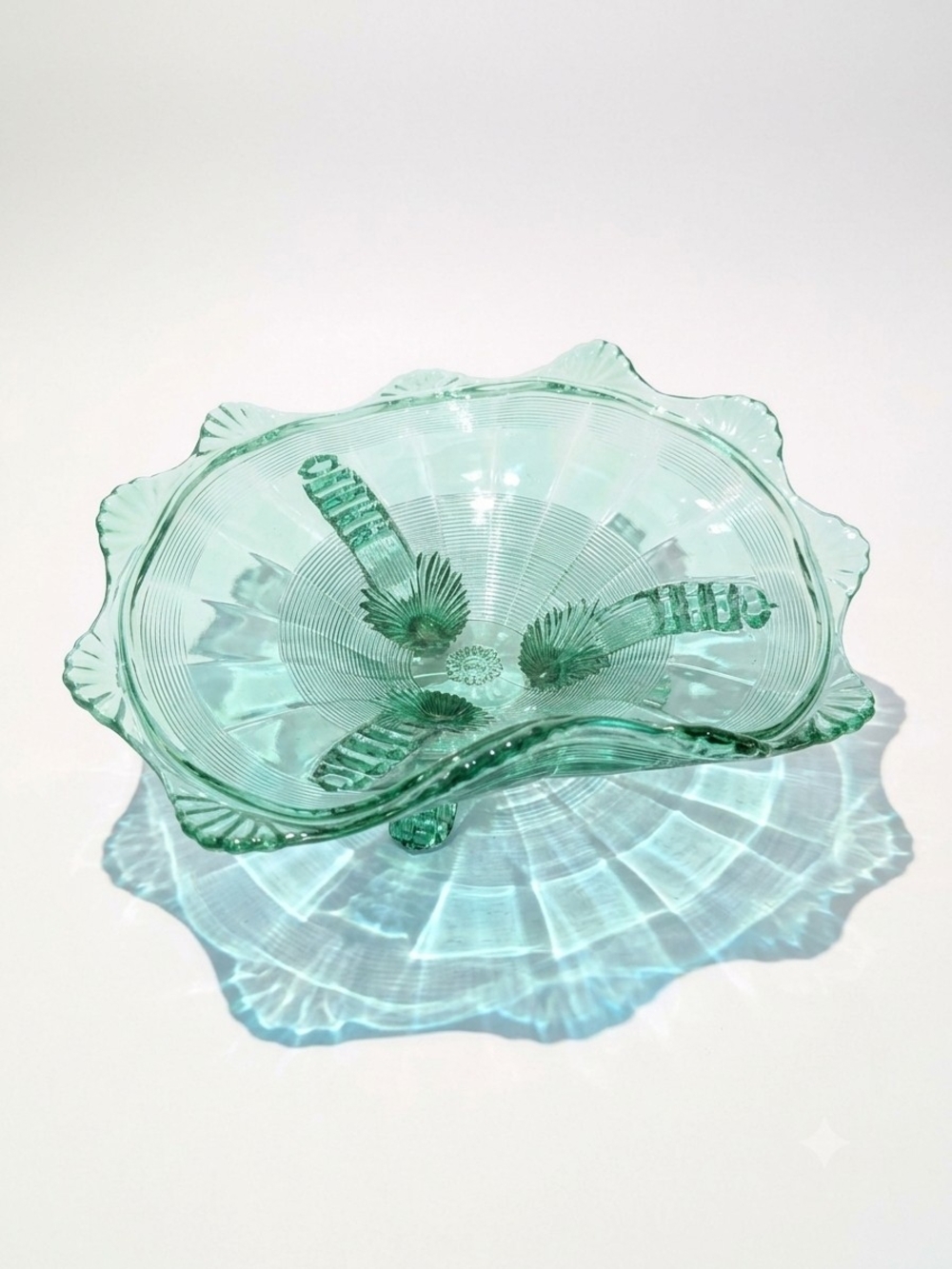 Green Depression Glass 3 Footed Ruffled Bowl Ribbed Art Glass 7.5"
